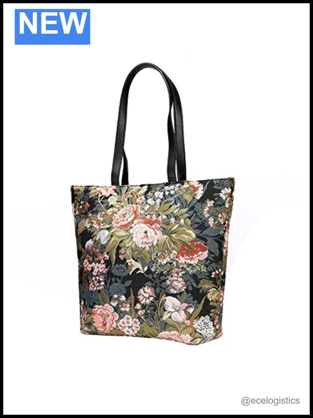 Woven Tapestry Tote Bag with Faux Leather Handles for Work Travel
